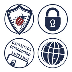 Cybersecurity icons including a bug on a shield a padlock binary code and a globe