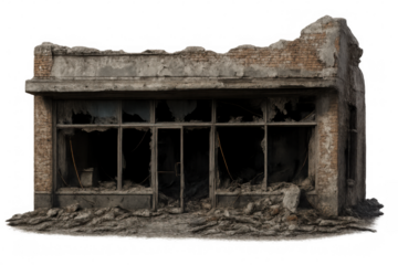 Weathered storefront with broken windows, scattered debris, isolated on transparent background, conveying urban decay and post-apocalyptic landscape