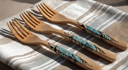 Wooden Forks with African Patterns and Turquoise Line Art on Handles – Flat Lay with Linen Napkins and Natural Light
