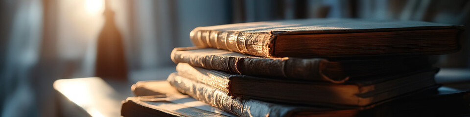 Stack of Four Antiquarian Books in Warm Light