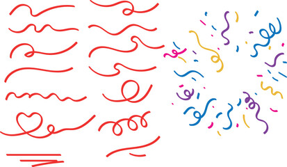 A graphic featuring red line art and colorful confetti on a white background with a green rectangle on top