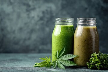 Two glass bottles filled with vibrant green and olive-green smoothies sit on a dark textured surface, accompanied by fresh hemp leaves and parsley sprigs