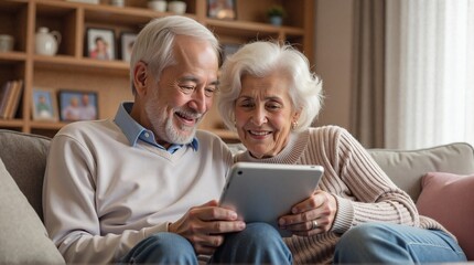 Joyful elderly couple sitting on sofa, browsing tablet together at home, showing active aging and digital lifestyle.