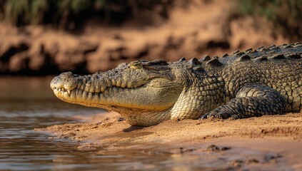 Obraz premium Large Alligator Lounging on Shoreline, Sunlit Scales Glowing Beside Reflective River Scene