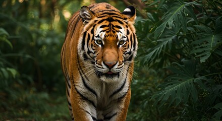 Majestic Bengal Tiger Strolling Through Dense Green Jungle Habitat