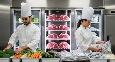 Organized Cold Storage in a Fine Dining Restaurant Kitchen with Professional Chefs at Work, Ideal for culinary industry presentations, Social media posts about chef life, kitchen culture, food prep.
