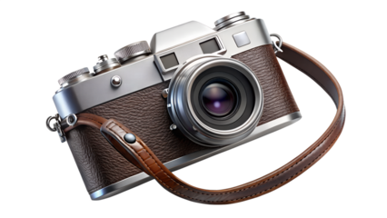 A vintage camera with a leather strap is isolated on transparent background, showcasing its classic design