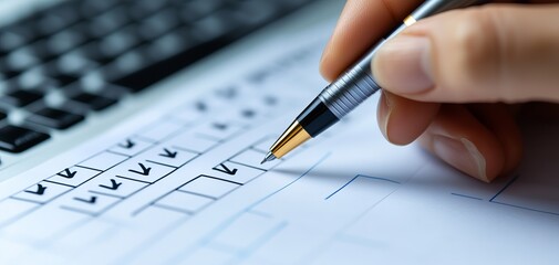Hand holding a pen, marking checkboxes on a printed document, with a laptop keyboard in the background, illustrating the process of organization and task management