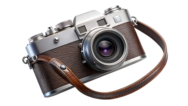A vintage camera with a leather strap is isolated on transparent background, showcasing its classic design