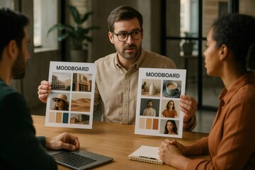 Team members in a modern office reviewing moodboards for brand strategy, focusing on design elements and visual storytelling for a project
