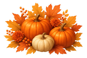 Bright orange pumpkins resting amid golden leaves, capturing seasonal warmth and rustic autumn charm