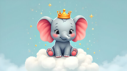 An Adorable Cartoon Baby Elephant Wearing a Golden Crown, Sitting Happily on a Fluffy White Cloud Amidst Sparkling Stars in a Soft Blue Sky.