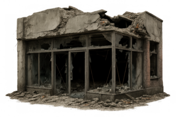 Crumbling storefront with shattered windows and debris, depicting urban decay and war aftermath, isolated on a transparent background