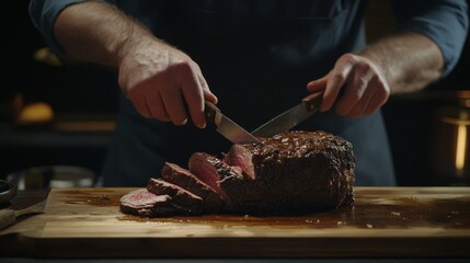 caterer Slicing Cooked Beef Roast on Wood Cutting Board