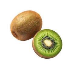 Obraz premium Whole and halved kiwi fruit showing vibrant green flesh and black seeds isolated on transparent background