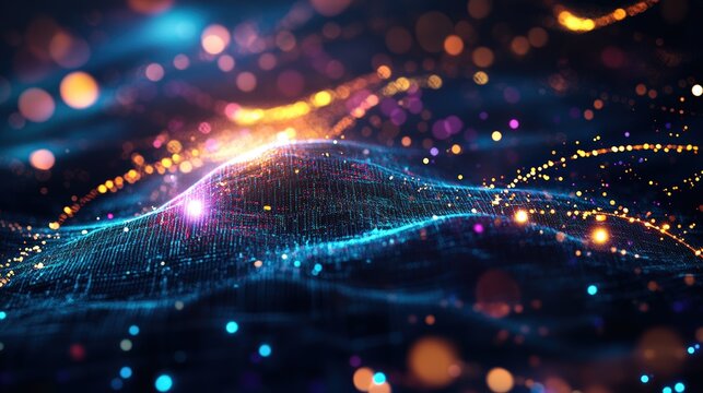 Abstract digital wave with glowing particles and vibrant light streaks in a futuristic technology scene