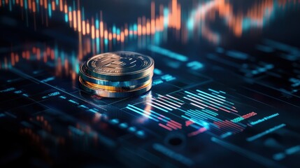 Close-up of stacked coins on digital financial chart with glowing data lines and financial graphs background
