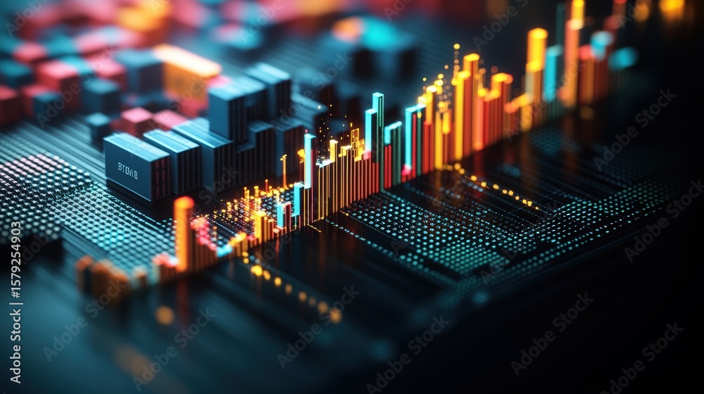 Poster futuristic digital financial chart with glowing bars and lines displaying data analytics and growth 