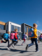 Obraz premium children with backpacks running to school
