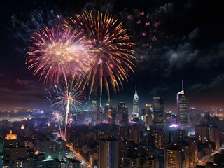 Spectacular Fireworks Display Over Urban Cityscape at Night Celebrating Joy and Festivity