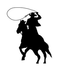 Silhouette sketch graph. a cowboy riding a horse swinging a rope.