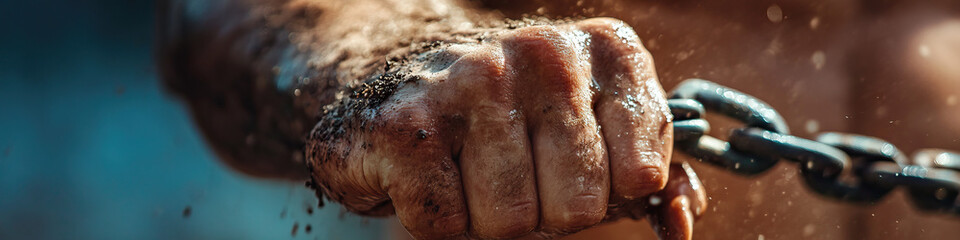 Close-up of Dirty Hand Grasping Metal Chain