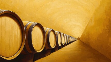 A warm-toned tunnel lined with large wooden barrels, likely used for aging wine or spirits, creating a symmetrical and inviting storage scene.