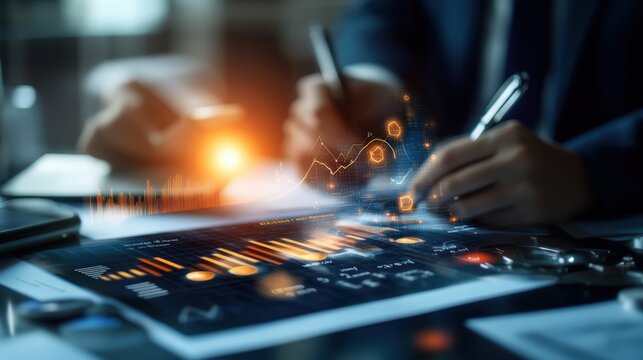 Businessperson analyzing financial data on digital tablet with holographic charts and graphs in modern office environment