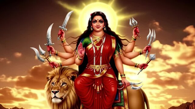 Powerful Goddess Durga on Lion with Weapons &ndash; Divine Hindu Mythology Scene