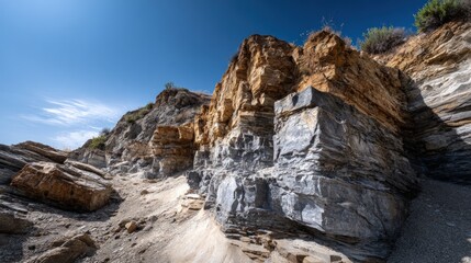 Fototapeta premium Layered rock formations against a clear blue sky.