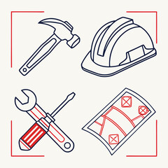 Construction tools and safety helmet with blueprint design for building projects