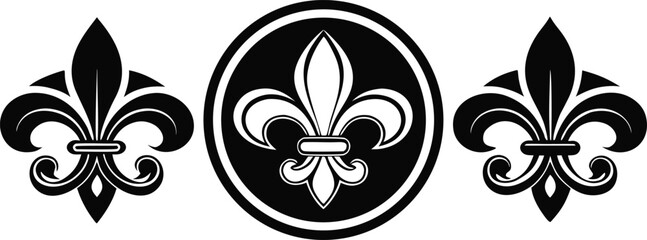 Three Stylized Black Fleur de Lis Symbols Elegant Vector Design