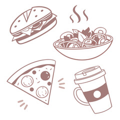 Hand drawn icons of pizza burger on scooter salad and coffee cup