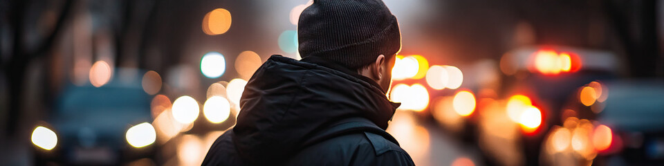 Person in Winter Clothing Facing City Lights at Night