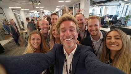 Happy Business Team Posing for a Selfie at Work, Corporate Office Setting with Diverse Colleagues