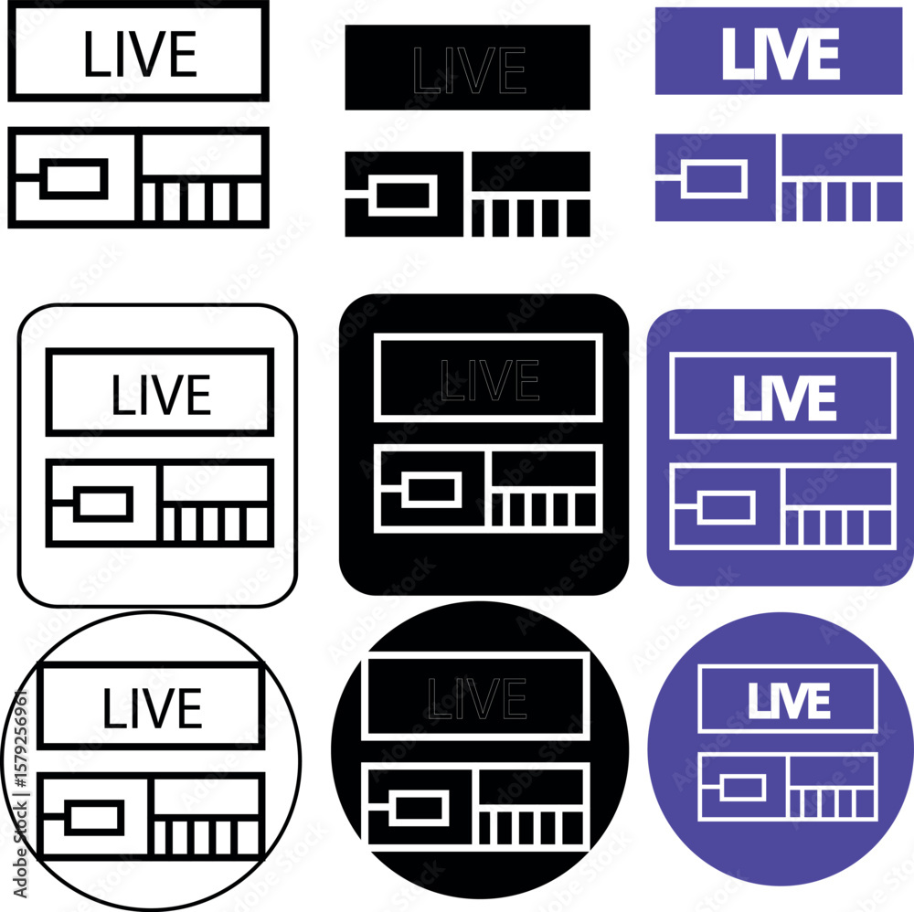 Poster a collection of live stream icons showing various styles and color schemes for online broadcasting u