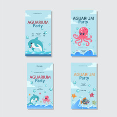 Colorful aquarium party invitations featuring dolphins, octopus, and fish. Includes date, time, and party details with festive underwater themes.