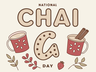 Cute National Chai Day Illustration with Mugs Cinnamon Sticks and Strawberry