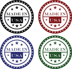 Obraz premium made in usa rubber stamp badges in colorful round vector icon set