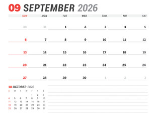 September 2026 Monthly Calendar Template for Planning and Organization improves focus and weekly task tracking with open design. Week starts on Sunday. Works well in corporate teams