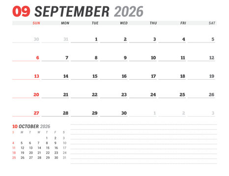 September 2026 Monthly Calendar Template for Planning and Organization improves focus and weekly task tracking with open design. Week starts on Sunday. Works well in corporate teams