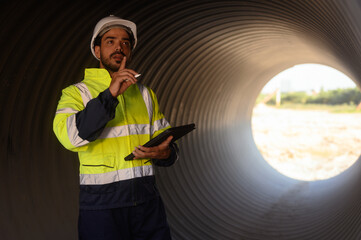 A male mechanical engineer in safety uniform is inspecting and examining a piping system for a new construction project of a large industrial building.