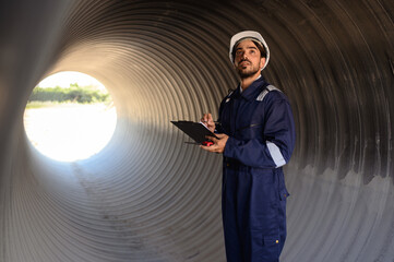 A male mechanical engineer in safety uniform is inspecting and examining a piping system for a new construction project of a large industrial building.