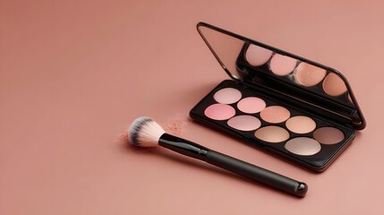 Elegant makeup palette and brush arranged on a soft pink surface