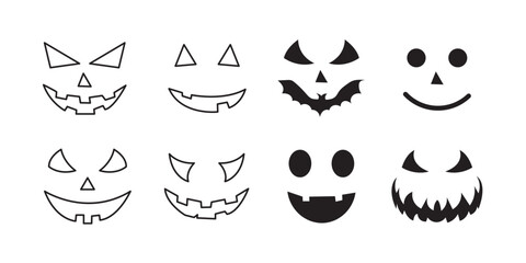 Pumpkin Halloween smile. Black Halloween face icon set. Spooky pumpkin smile on white background. Design for the holiday Halloween. Vector illustration.