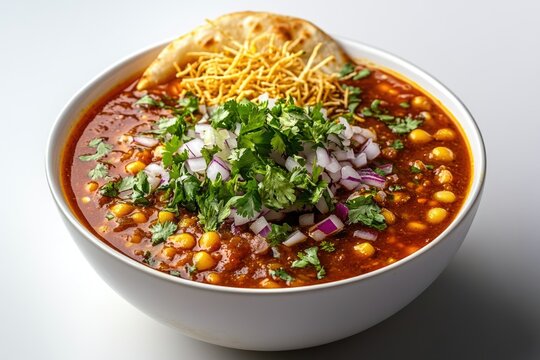 Spicy and flavorful Indian Misal Pav, a hearty chickpea curry topped with crunchy sev, onions, cilantro, and a crispy pav.