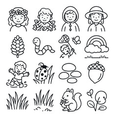 Nature play collection, simple fun icons. outdoor adventure and exploration set