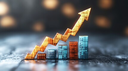 Business growth concept with increasing bar chart and upward arrow representing success and progress