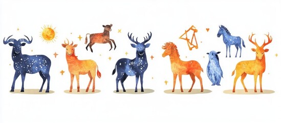 Watercolor Illustration of Celestial Animals and Constellations on White Background