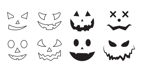 Fototapeta premium Scary Monster Faces Set. Jack O Lantern Face Halloween Pumpkin Icon Collection. Simple Creepy Horror Illustrations.